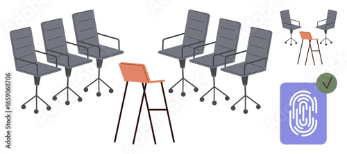 Office setup featuring six ergonomic chairs and a standout orange stool. Digital fingerprint icon adds modern tech focus. Ideal for individuality, innovation, workspace design, leadership