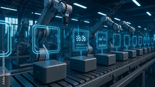 AI processing industry production uses robotic arm and conveyor belt technology for efficient automation, enhancing manufacturing quality