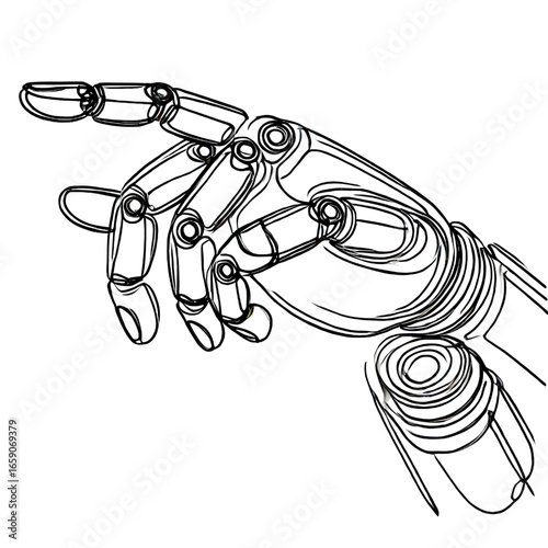 Drawing of a robot hand pointing, one continuous line, isolated on white background