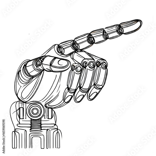 Drawing of a robot hand pointing, one continuous line, isolated on white background