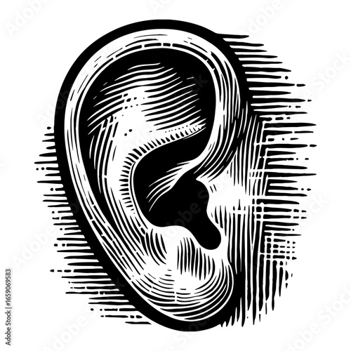 Detailed Anatomical Human Ear Profile Black and White Outline Line Art Drawing with Engraving Style