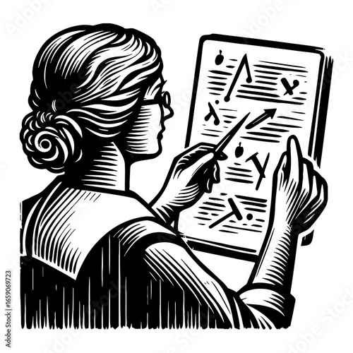 Woman Strategist Explaining Business Plan on Board with Pointer Black and White Outline Line Art Drawing