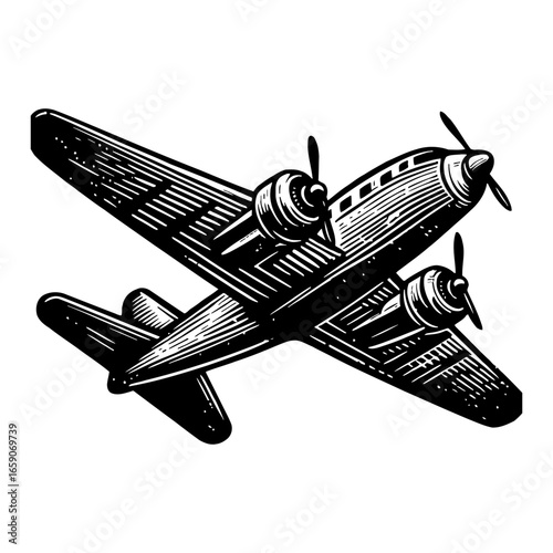 Classic Propeller Airplane Aircraft Vintage Black and White Outline Line Art Drawing Flying Upward