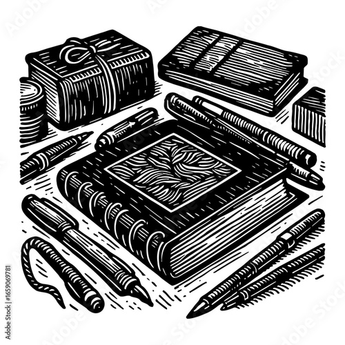Still Life Composition of Vintage Stationery Books Pens Gift Box Black and White Outline Line Art Drawing