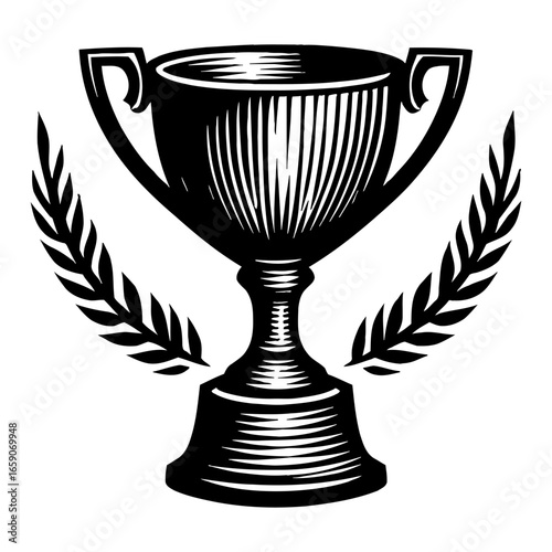 Vintage Trophy Cup and Laurel Wreath Black and White Outline Line Art Drawing Award Victory Symbol