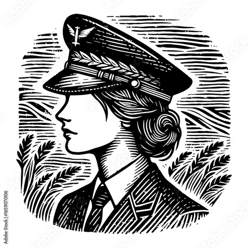 Female Officer in Uniform Hat Black and White Outline Line Art Drawing with Wheat Background Vintage Style