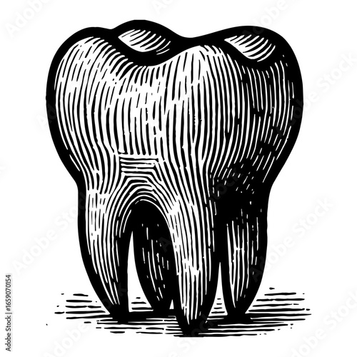 Anatomical Human Molar Tooth Dental Element Health Care Medical Symbol Black and White Outline Line Art Drawing Vintage Engraved Woodcut Style Isolated Object