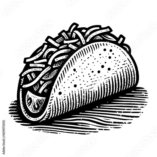 Traditional Mexican Taco Filled with Ingredients in Vintage Black and White Outline Line Art Drawing for Food Menu