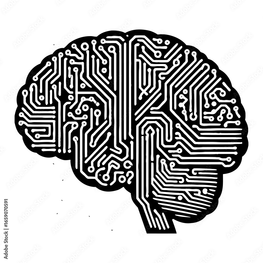Fototapeta premium Black and White Outline Line Art Drawing of Human Brain as Digital Circuit Board Technology AI Concept