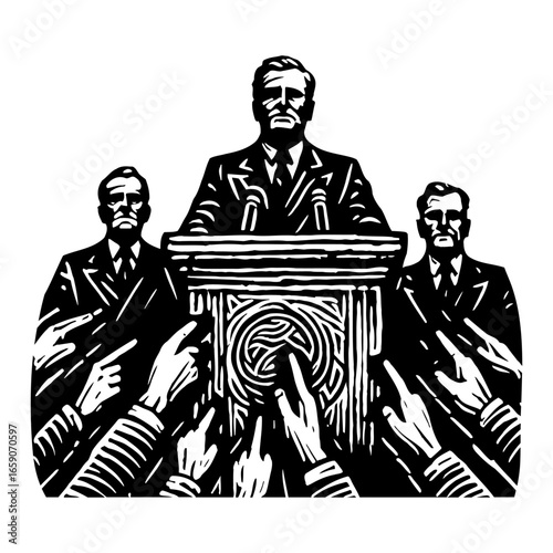Political Figures at Podium Surrounded by Pointing Hands Illustrating Public Scrutiny Black and White Outline Line Art Drawing