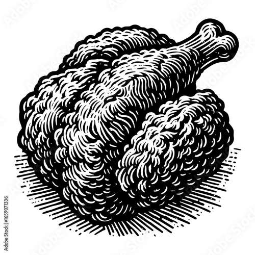 Delicious Crispy Fried Chicken Drumstick Thigh Piece Black and White Outline Line Art Drawing Vintage Engrave