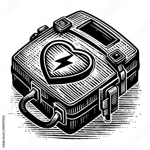 Lifesaving Automated External Defibrillator Machine Heart Symbol Black and White Outline Line Art Drawing
