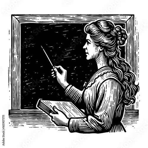 Vintage Female Teacher with Book Pointing at Blackboard Black and White Outline Line Art Drawing