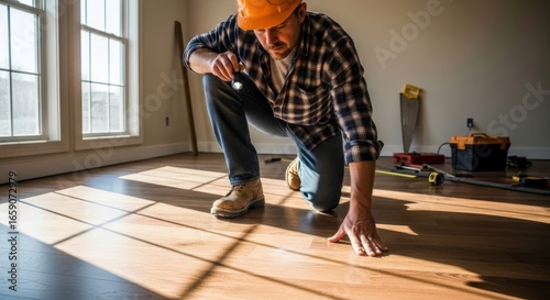 Flooring Inspection: Handyman Examining New Hardwood Installation
