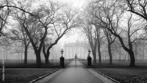 Foggy estate driveway leading to a grand manor house, framed by leafless trees
