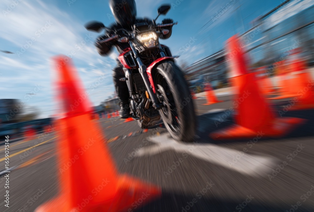 Obraz premium Motorcycle rider navigating through traffic cones on a city street during daytime, emphasizing speed and agility