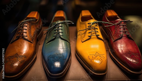 Vibrant handcrafted leather oxfords in orange, teal, yellow, and red hues, displayed on wooden shoe trees