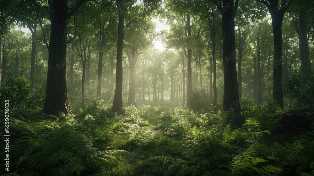 Naklejka premium Ethereal Sunbeams Illuminating a Lush, Fern-Covered Forest Floor