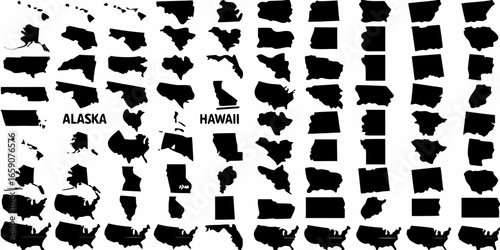 Collection of Black Silhouettes of United States State Maps and Country Outline America
