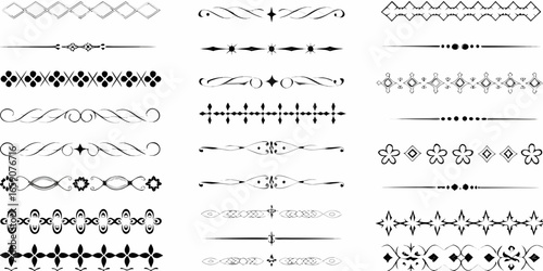 Variety of black ornate decorative lines and flourishes on white background divider vintage