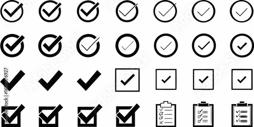 Set of black and white checkmark and cross icons and clipboard graphics Keywords: checkmark, tick, cross