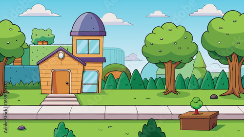 Cartoon-style house surrounded by trees and bushes in a colorful outdoor setting.
