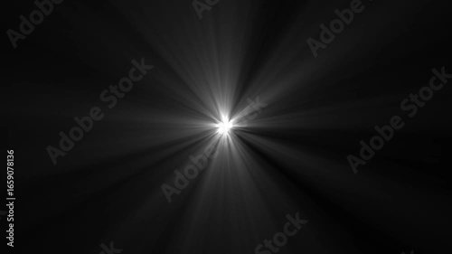 Abstract loop center flickering glow white star optical shine on black background. High-quality stock footage of sun rays light effects, overlays or flare glow array.Lens flare Blurred defocused .4k