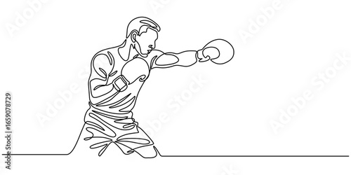 Continuous one single minimal line drawing boxing, boxing line art sport, One line drawing of a male boxer in a crouched fighting stance, wearing gloves and shorts, depicted in a continuous minimalist