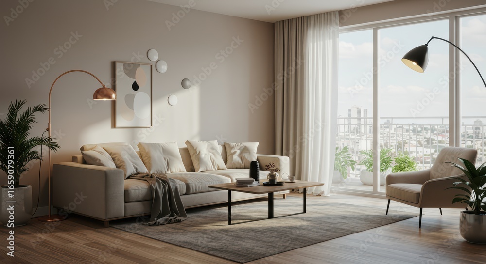 Fototapeta premium A cozy, modern living room featuring neutral tones, with a beige sofa adorned with pillows and a soft throw blanket.
