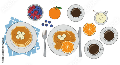 Overhead view of a breakfast table with pancakes and coffee