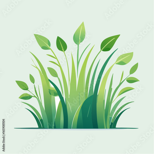 A stylized and simple vector illustration of lush green grass and delicate foliage with a soft gradient effect, representing growth and nature in a flat design aesthetic