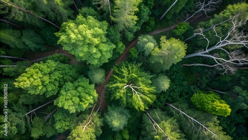 Aerial View of Green Forest Trees with Dense Natural Landscape Scenery