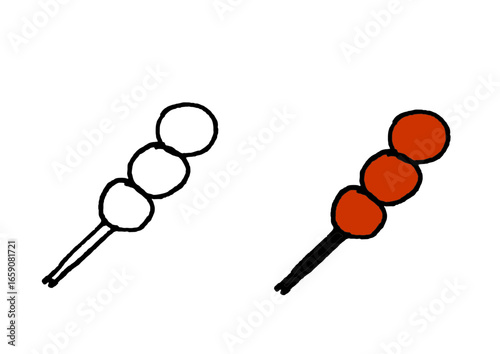 Simple hand-drawn sate and dango skewer icon set. Minimalist Asian street food illustration in outline and colored styles.