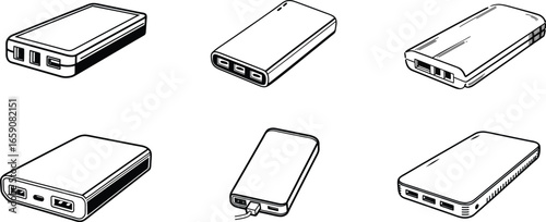 Illustration of six different portable power bank chargers in line art style.
