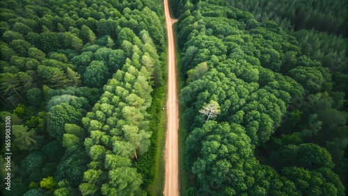 Aerial View of Dirt Road Through Dense Green Forest Landscape