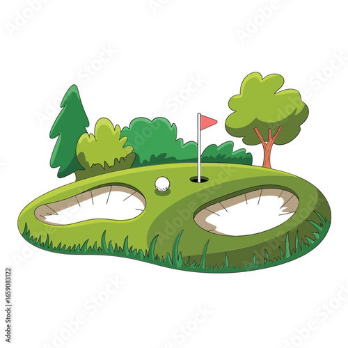 Cartoon golf course hole with sand traps and flag