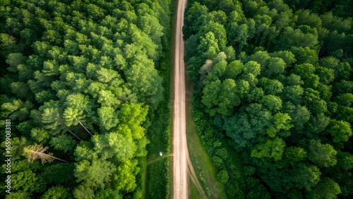 Aerial View of Dirt Road Through Dense Green Forest Landscape