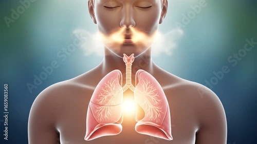 Animated visualization of human respiratory system, showing lungs and airflow through nose and throat