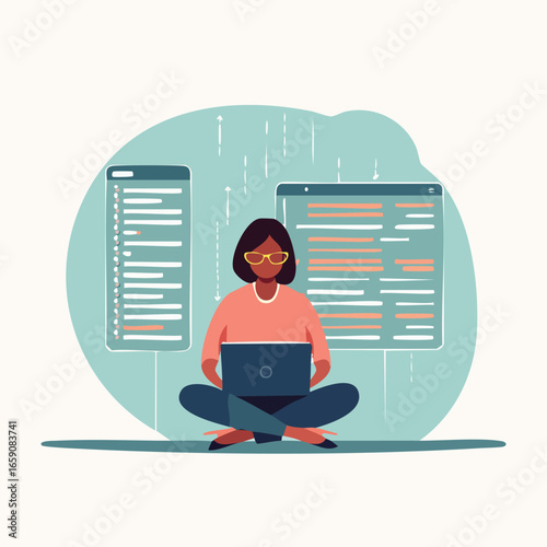 Programmer writes code on laptop with digital screen interface