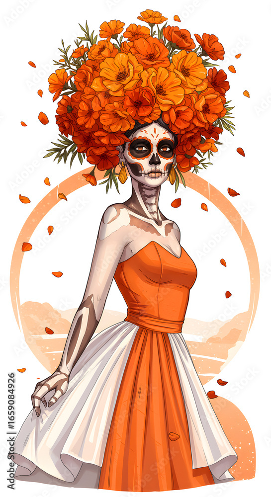 Fototapeta premium Woman with a skeleton face and orange flowers on her head. The woman is dressed in orange and white