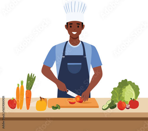 Chef chops fresh vegetables with knife on kitchen counter