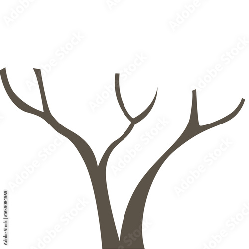"Flat 2D illustration of a bare tree with three main branches, minimal abstract natural design symbolizing winter, forest, simplicity, environment, and landscape."
