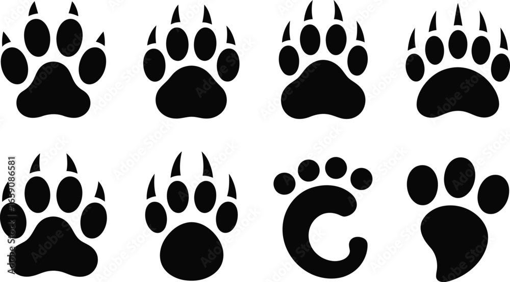 Fototapeta premium Set of black animal paw print icons footprint bear