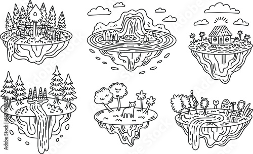 Six whimsical floating islands with trees and waterfalls
