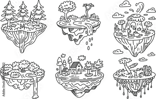 Six whimsical floating islands with trees and waterfalls