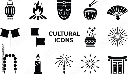 Collection of cultural and festive icons in black silhouette