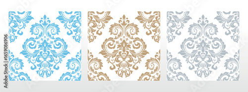 Wallpapers in the style of Baroque.. Set of colored floral ornaments. Seamless vector backgrounds Graphic patterns for fabric, wallpaper, packaging. Ornate Damask flower illustration