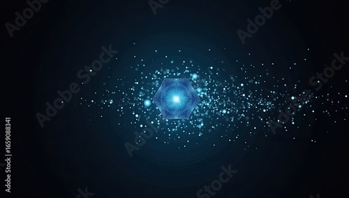Abstract graphic design of a hexagonal shape with light particles.