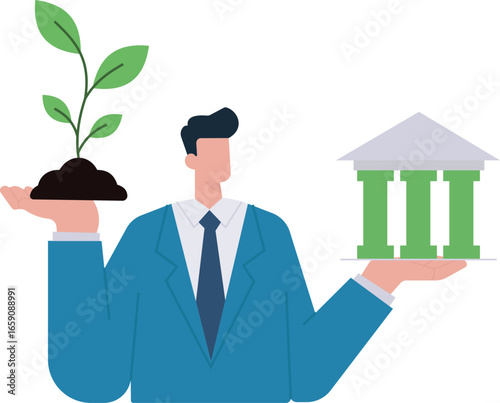 A businessman balances a financial institution and a plant, symbolizing the choice between traditional economy and sustainable, green investment growth
