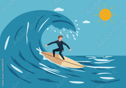 A surfer rides a big ocean wave under the sun. This flat vector illustration captures the excitement of summer watersports and outdoor adventure